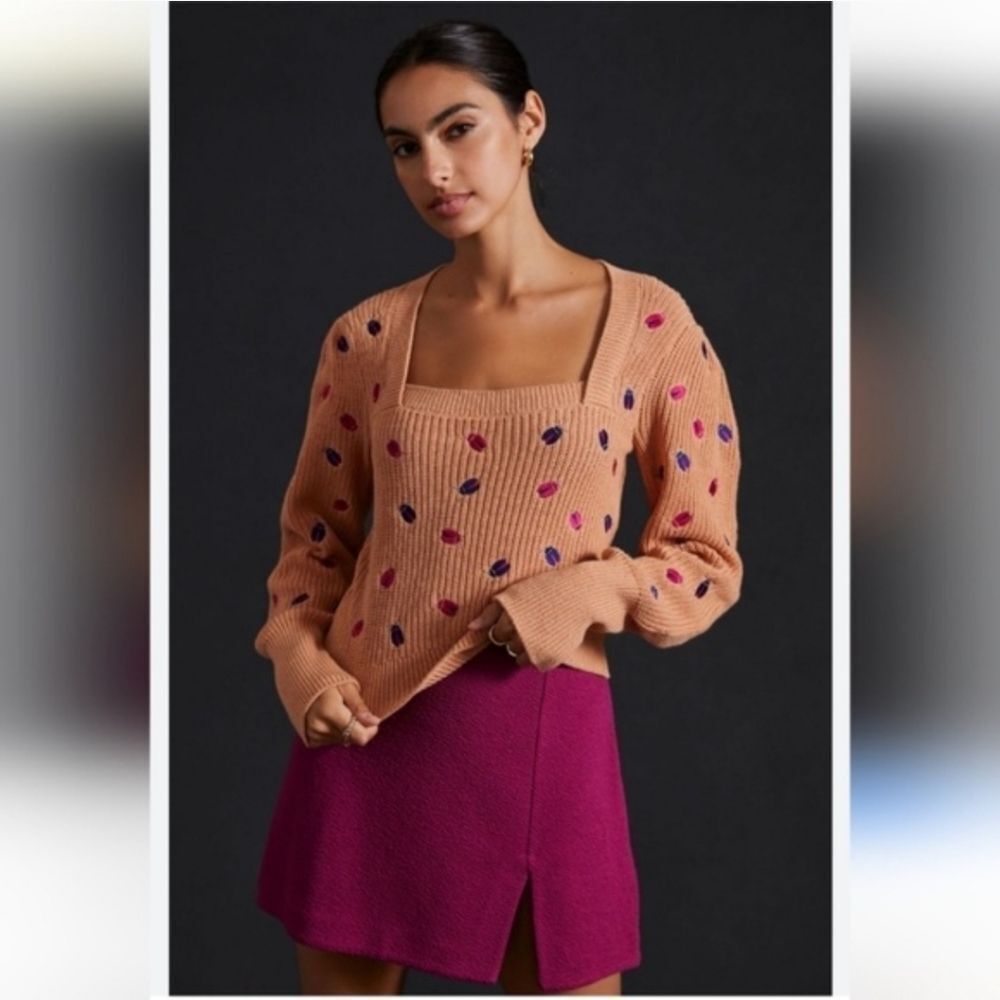 Maeve Anthropologie Ladybug Peach Sweater with Pink and Blue Embroidery
